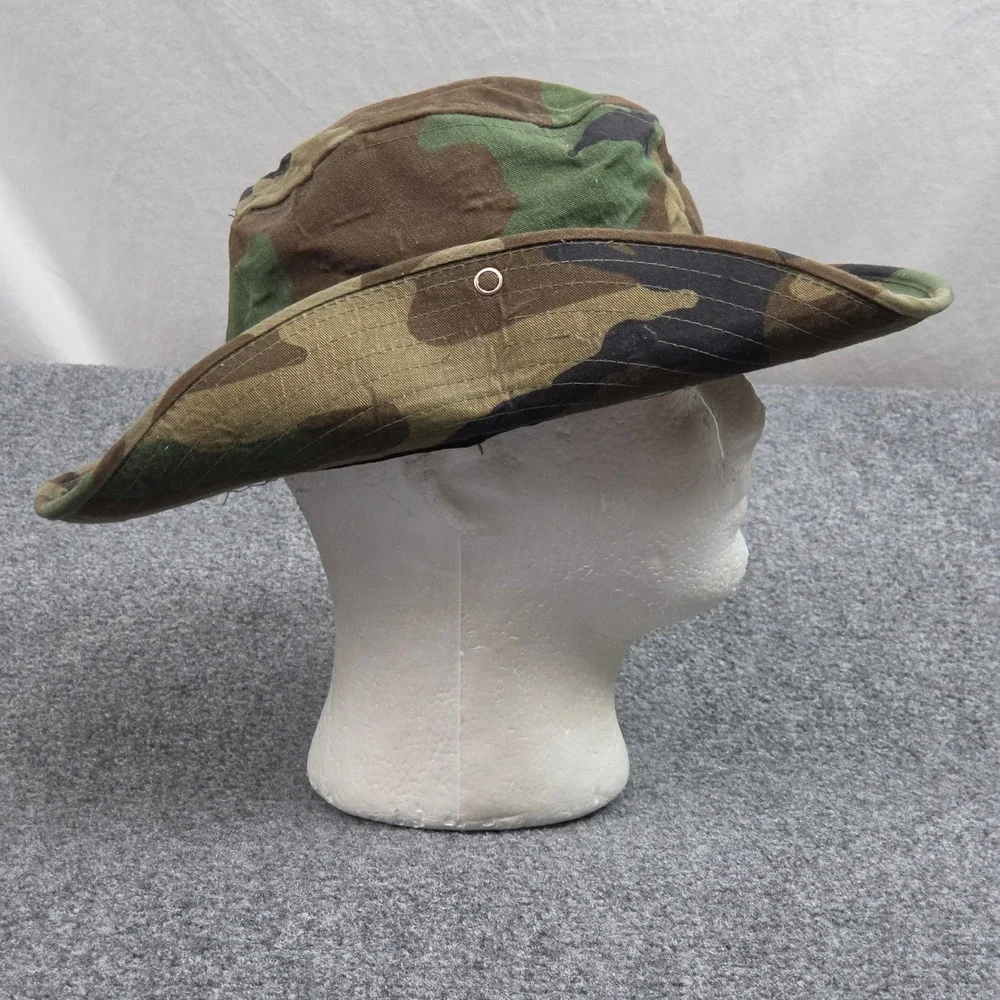 Vintage 80s Woodland Camo Boonie Hat L Green Made USA 1 Sided Snap Brim Military